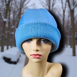 Vintage Slalom Insulated Ski Beanie Blue Wool Knit Brim Nylon Crown Hong Kong